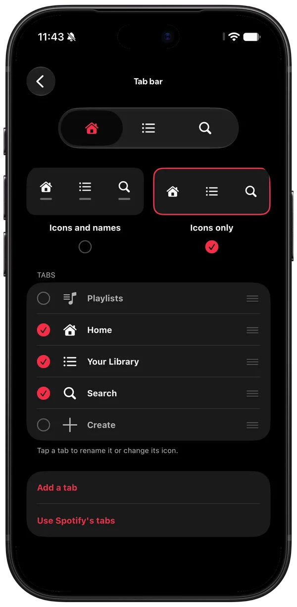The tab bar editor